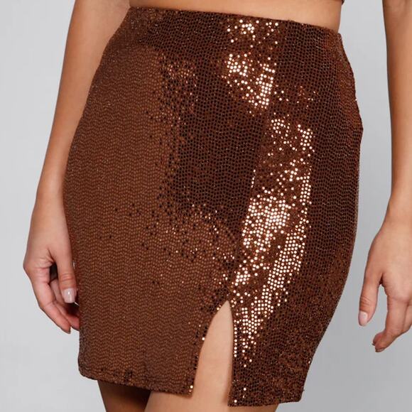 Windsor S Bronze Brown Sequin High Rise Slit Shiny Glittery Mini Skirt - Picture 1 of 9
